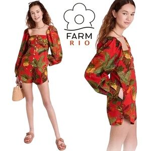 Anthropologie Farm Rio Red Forest Birds Romper Playsuit Linen Tiki Bold Print